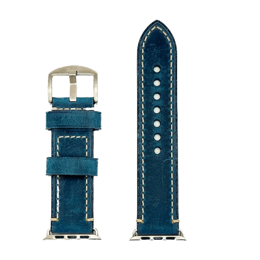 Blaues Crazy Horse Rindslederarmband für Apple Watch mit silberner Dornschließe, A-Watch-Armband
