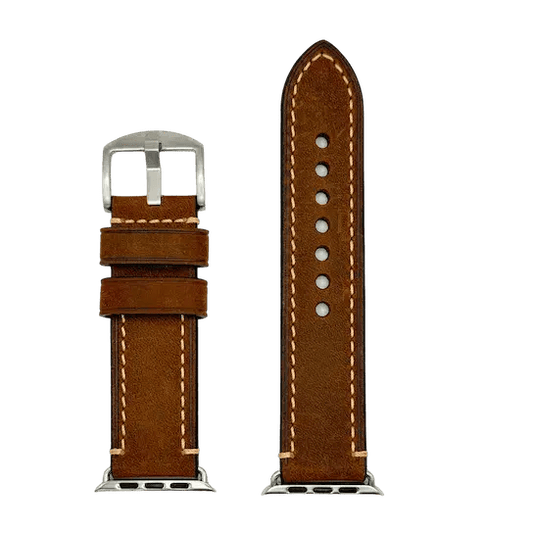 Apple Watch Crazy Horse Armband aus dunkelbraunem Rindsleder mit silberner Schließe