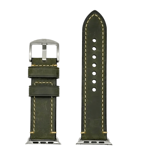 Apple Watch Crazy Horse Rindslederarmband in Grün mit gelben Nähten, edles Design.