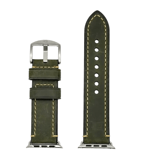 Apple Watch Crazy Horse Rindslederarmband in Grün mit gelben Nähten, edles Design.