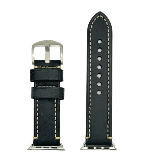 Schwarzes Crazy Horse Rindsleder Armband für Apple Watch, robust mit Kontrastnähten