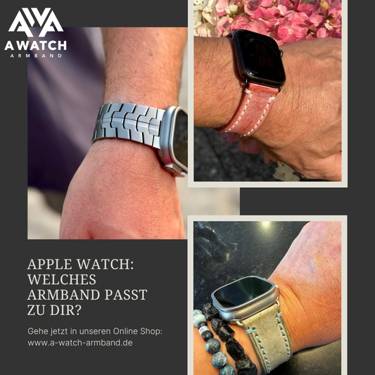 Drei Apple Watch Armbänder aus Edelstahl und Leder, modern und hochwertig von A-Watch-Armband.de