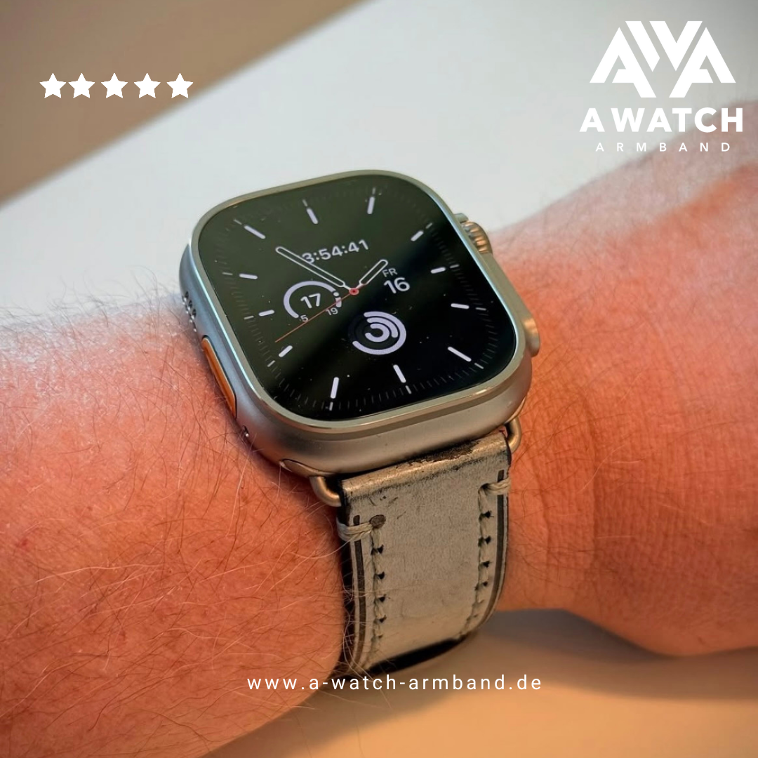 Apple Watch mit grauem Crazy Horse Rindslederarmband am Handgelenk, A-Watch-Armband Logo