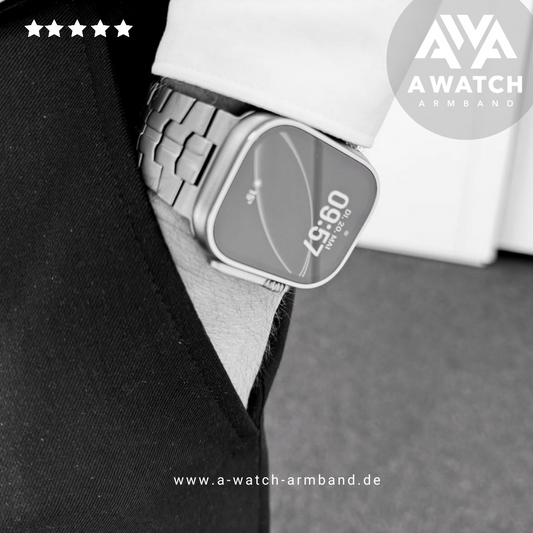 Apple Watch mit Edelstahlarmband am Handgelenk, stilvoll getragen, A-Watch-Armband.de Branding