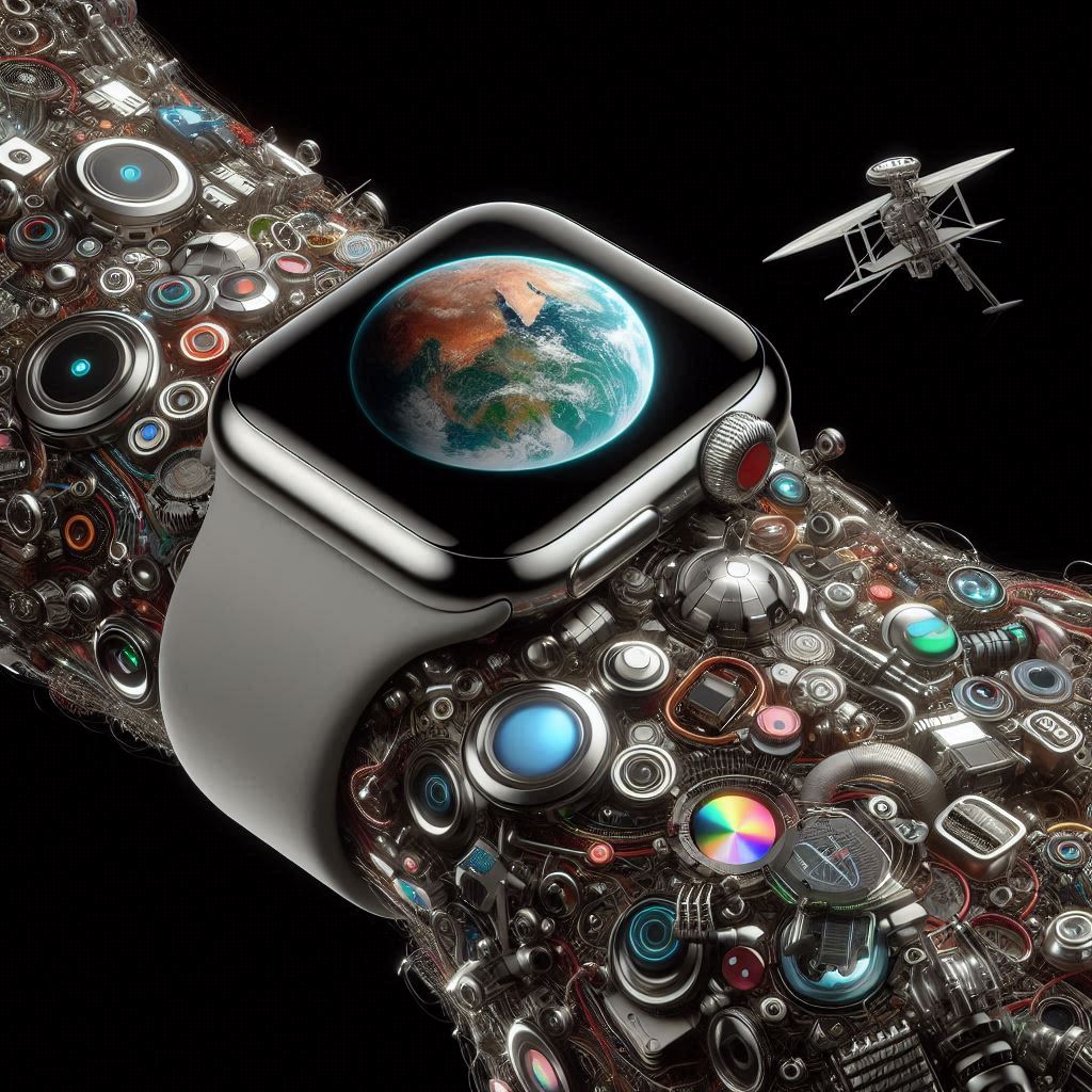 Apple Watch mit silbernem Armband und futuristischem Technik-Design, A-Watch-Armband