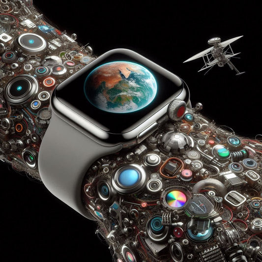 Apple Watch mit silbernem Armband und futuristischem Technik-Design, A-Watch-Armband