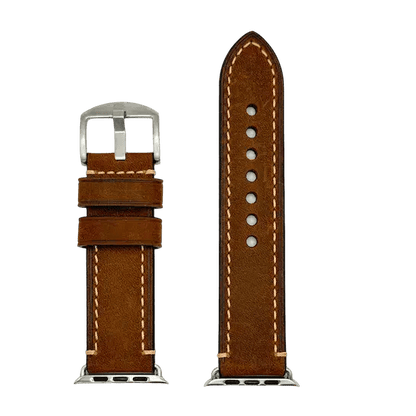 Apple Watch Crazy Horse Armband aus dunkelbraunem Rindsleder mit silberner Schließe