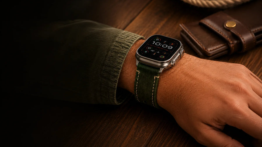 Grünes Kurpfalz-Lederarmband an einer Apple Watch am Handgelenk