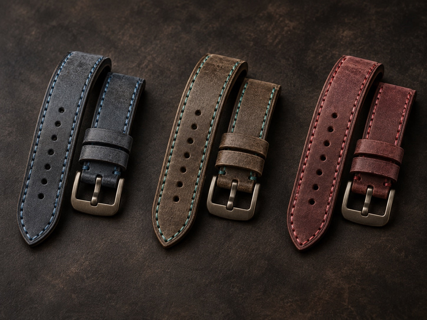 Drei Kurpfalz Vintage Lederarmbänder in Blau, Braun und Rot