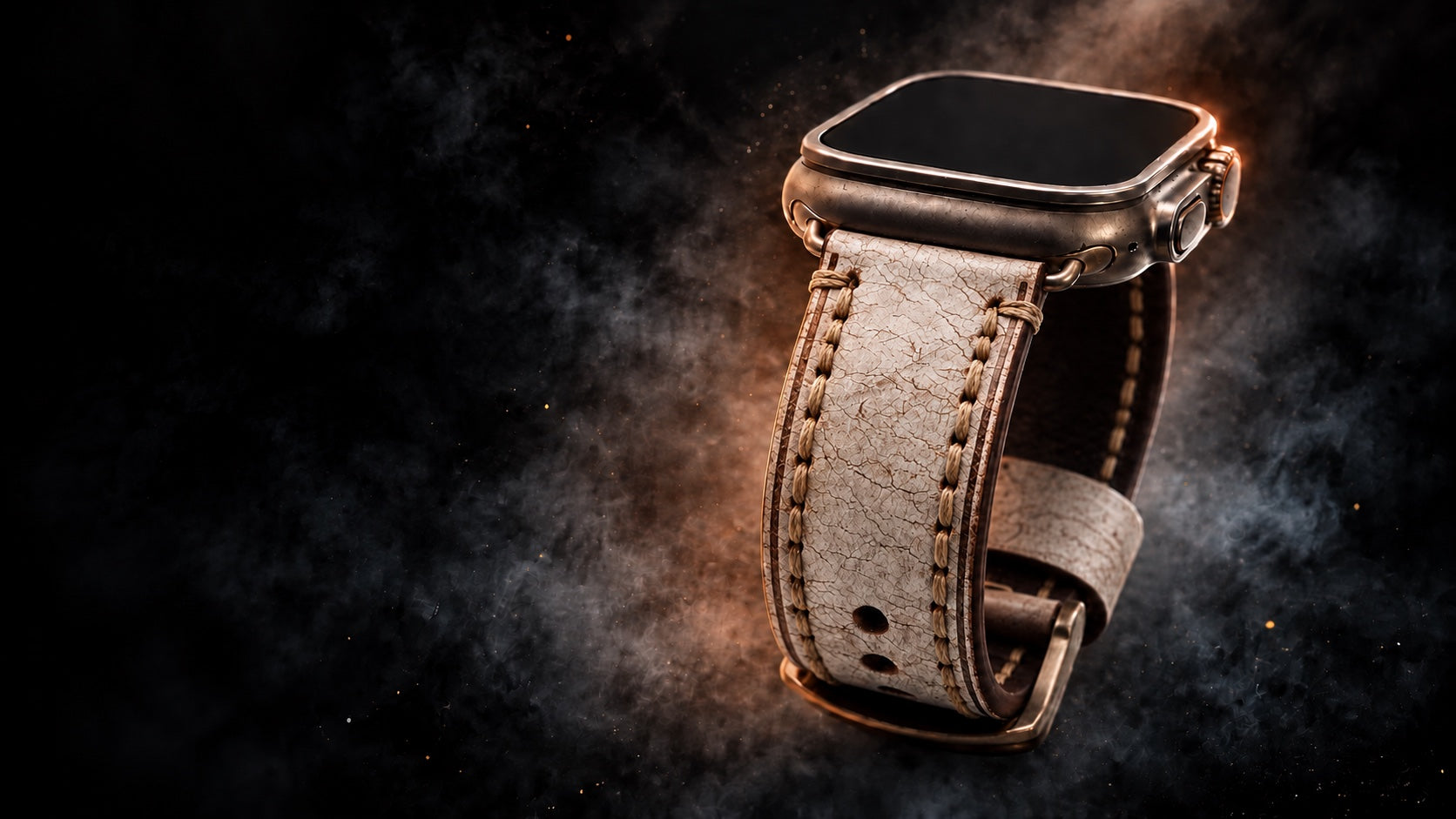 Apple Watch mit hellem Kurpfalz-Vintage-Lederarmband und braunen Nähten vor dunklem Hintergrund.